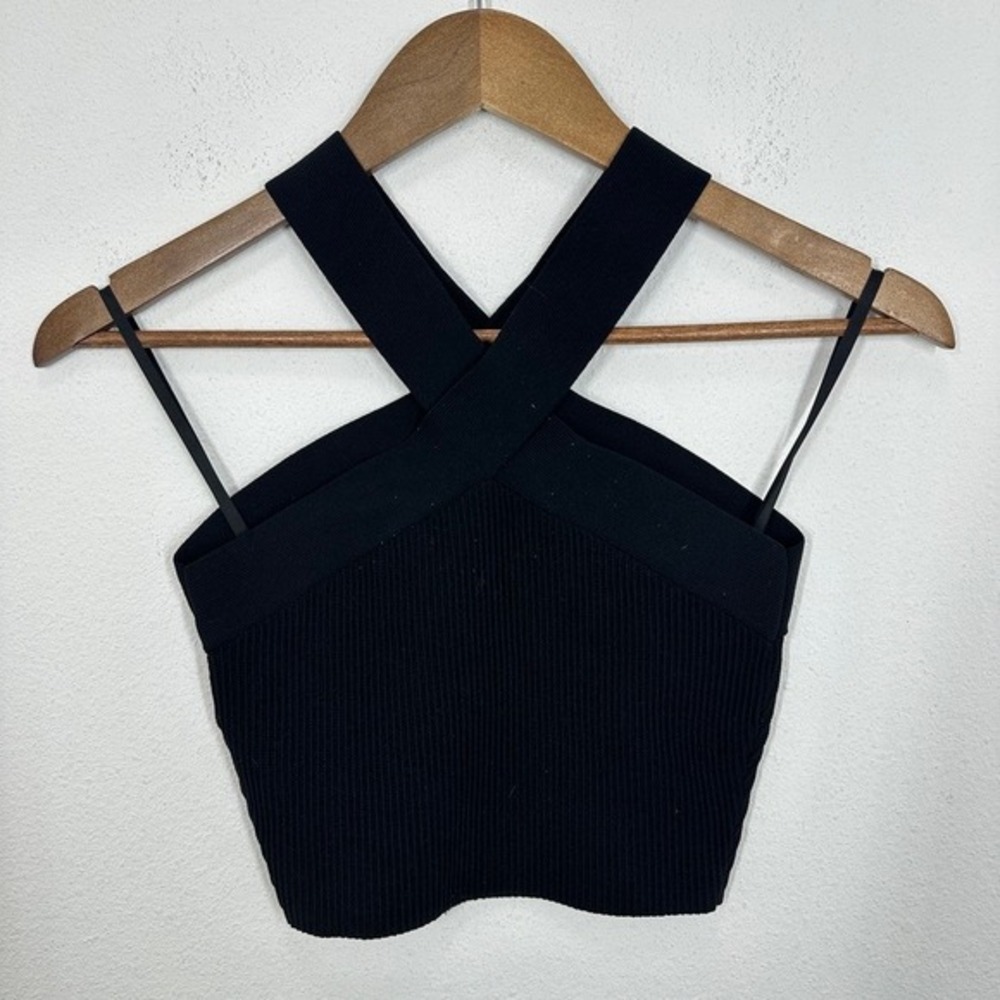 Babaton Black Ribbed Sculpt Knit Crisscross Halter Crop Top Size S - Picture 5 of 8